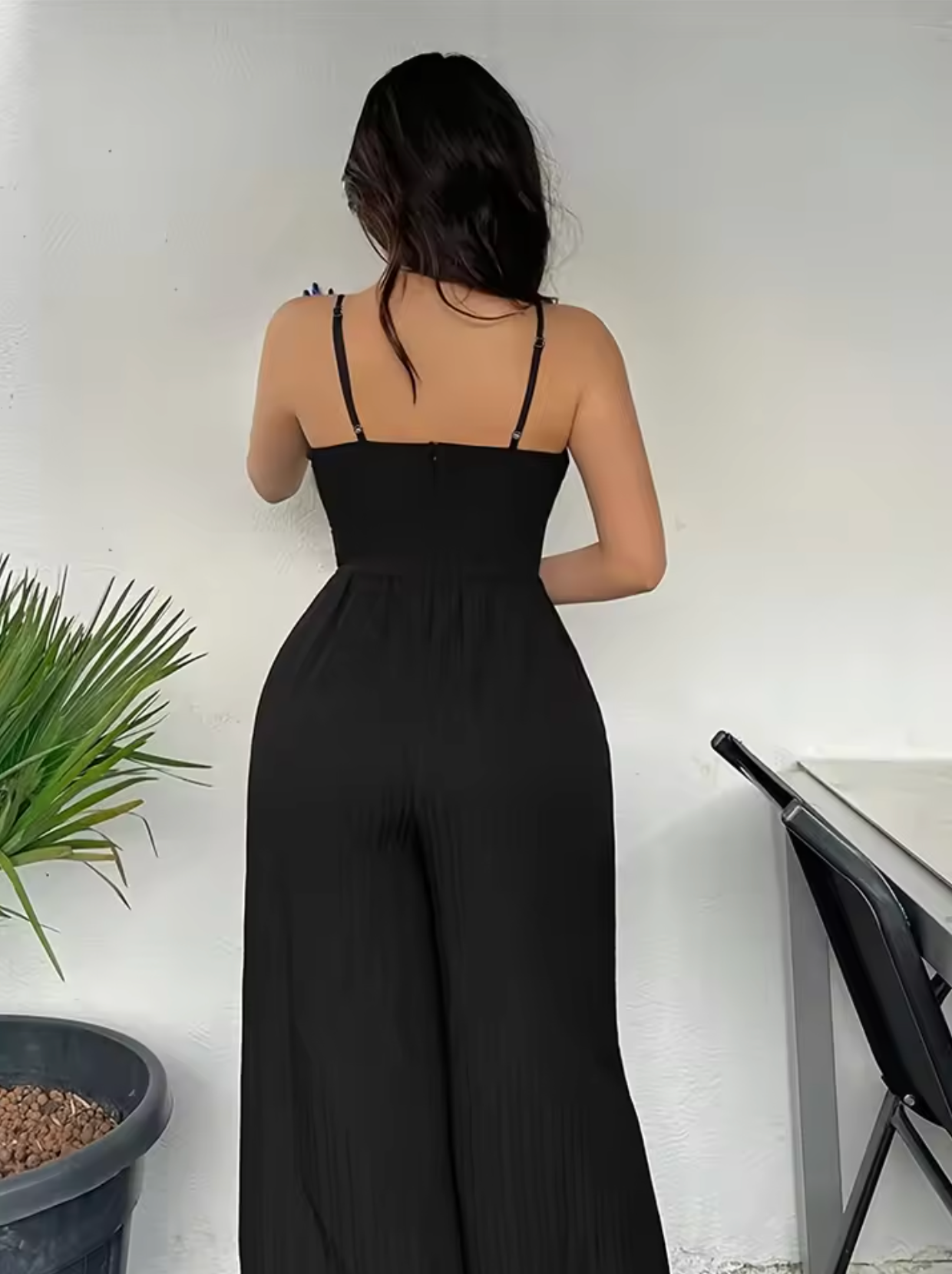 Women's Jumpsuit - V-neck - Sleeveless - Spaghetti Straps - Wide Leg Fit