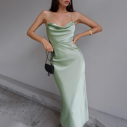 Women's Maxi Dress - Satin - Cowl Neck - Spaghetti Straps - Elegant Party Dress