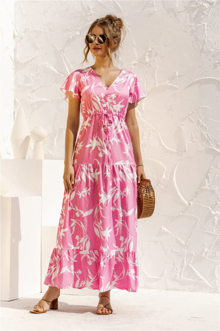 Women's Maxi Dress – Lightweight Fabric – V-Neck – Short Sleeves – Bohemian Layered Design