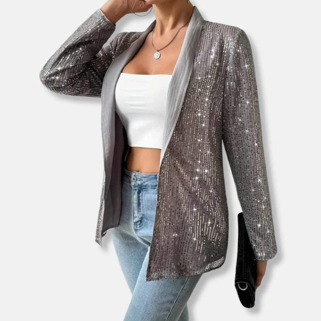 Isabella Sequined Notch Lapel Blazer | Open Front Hip-Length Blazer