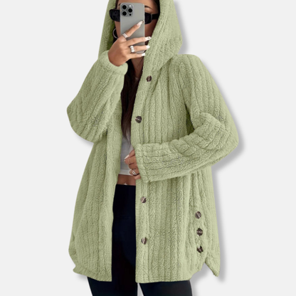 Women's Coat – Oversize Fit – Hood – Soft Texture – Button Closure – Mid-Length
