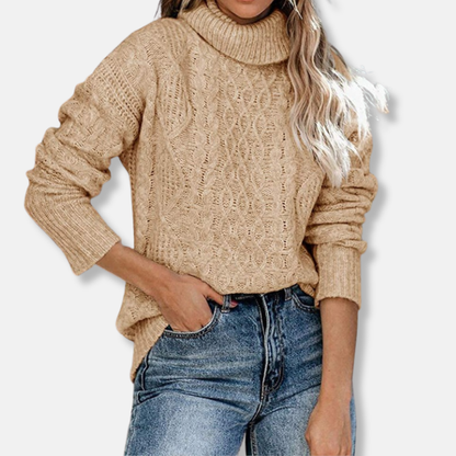 Rosie Turtleneck Sweater | Cable Knit Tunic Length Sweater