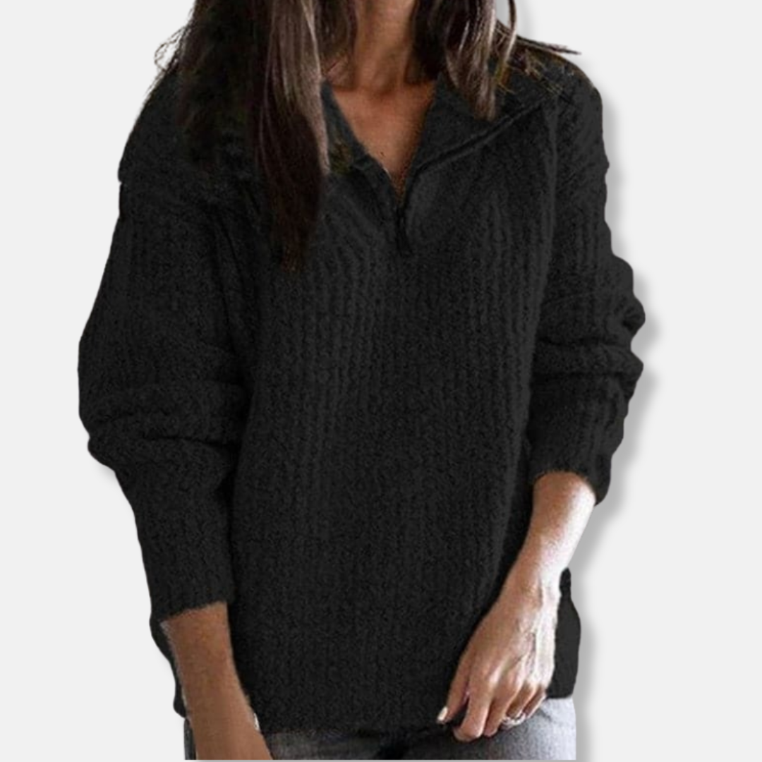 Isla Ribbed Half-Zip Collar Sweater | Solid Relaxed Fit Sweater