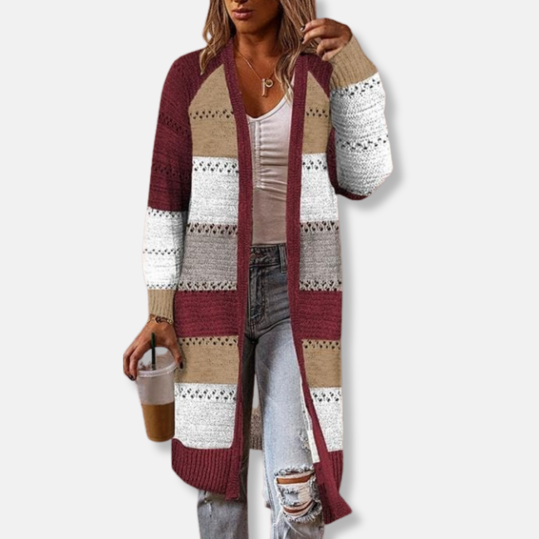 Isla Wool Relaxed Fit Cardigan | Striped Ribbed Cuffs Cardigan