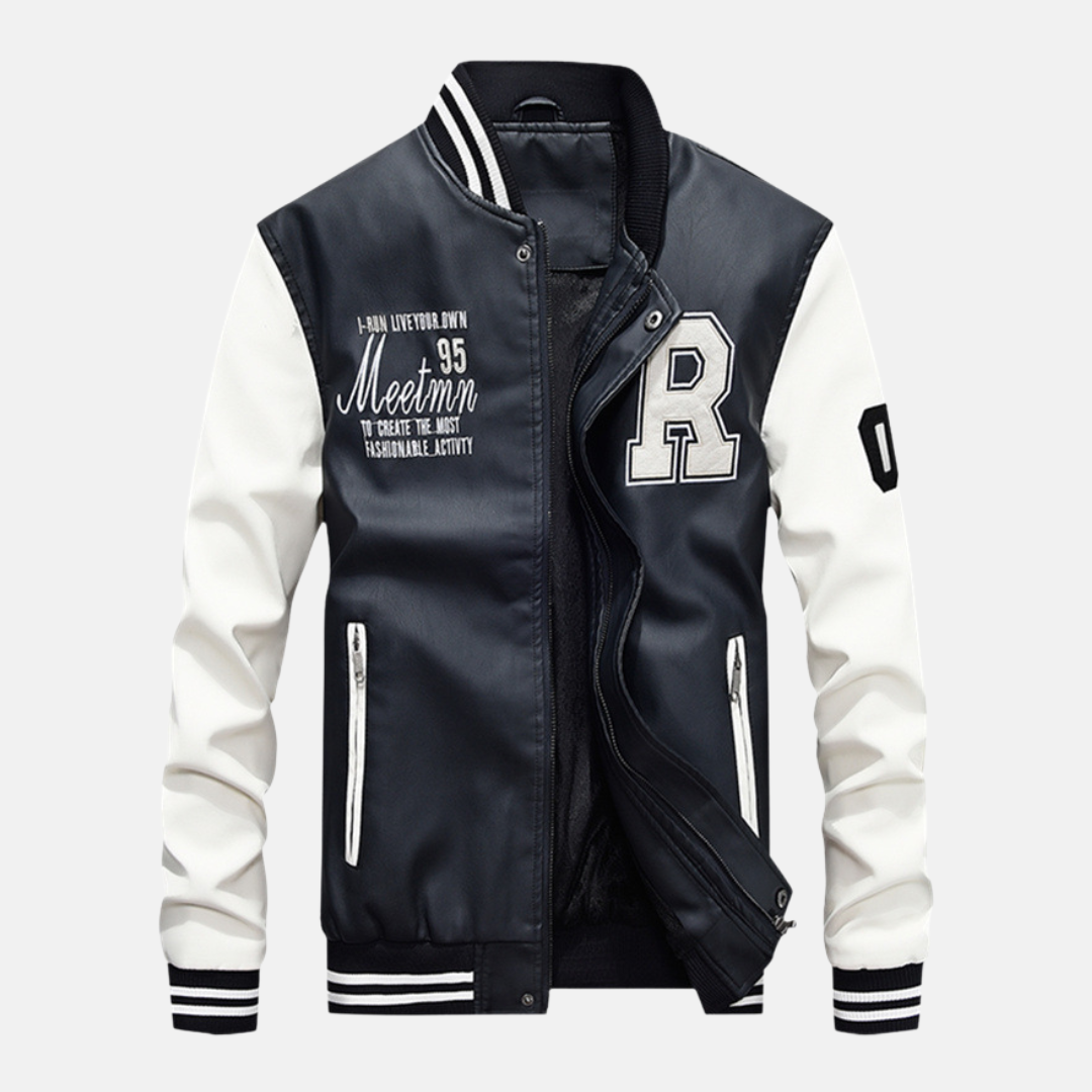 Men's Baseball Jacket – Classic Varsity Fit – Leather Look – Ribbed Edges – Snap Closure