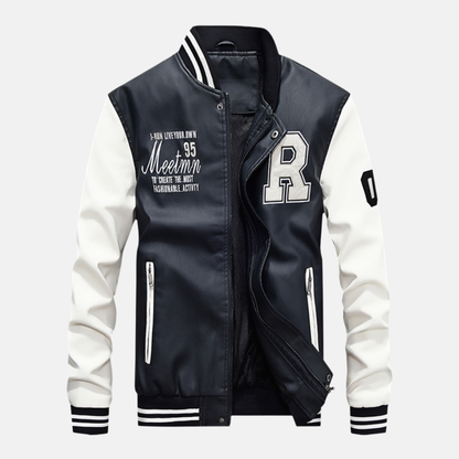 Men's Baseball Jacket – Classic Varsity Fit – Leather Look – Ribbed Edges – Snap Closure