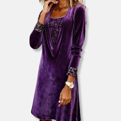 Isla Sequin Embellished Draped Knee-Length Dress | Cowl Neck Long Sleeve Dress