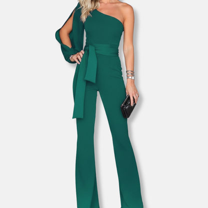 Women's Jumpsuit – One Shoulder – Slim Fit – Belted Waist – Flared Leg