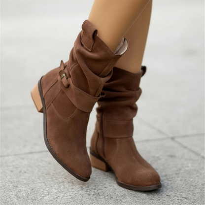 Isabella Slouchy Mid-Calf Boots | Buckle Strap Pointed Toe Boots