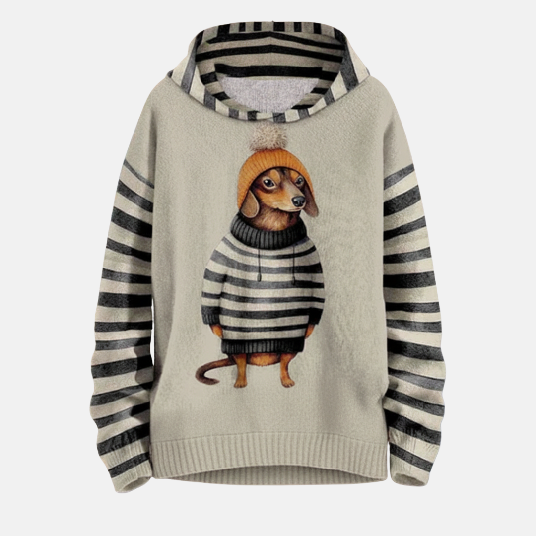 Women's Hoodie – Loose Fit – Soft Fleece – Dog Motif – Striped Sleeves