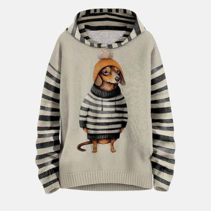 Women's Hoodie – Loose Fit – Soft Fleece – Dog Motif – Striped Sleeves