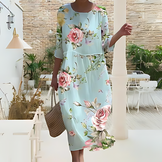 Women's Midi Dress - Floral Pattern - Light and Airy - 3/4 Sleeves - Round Neck