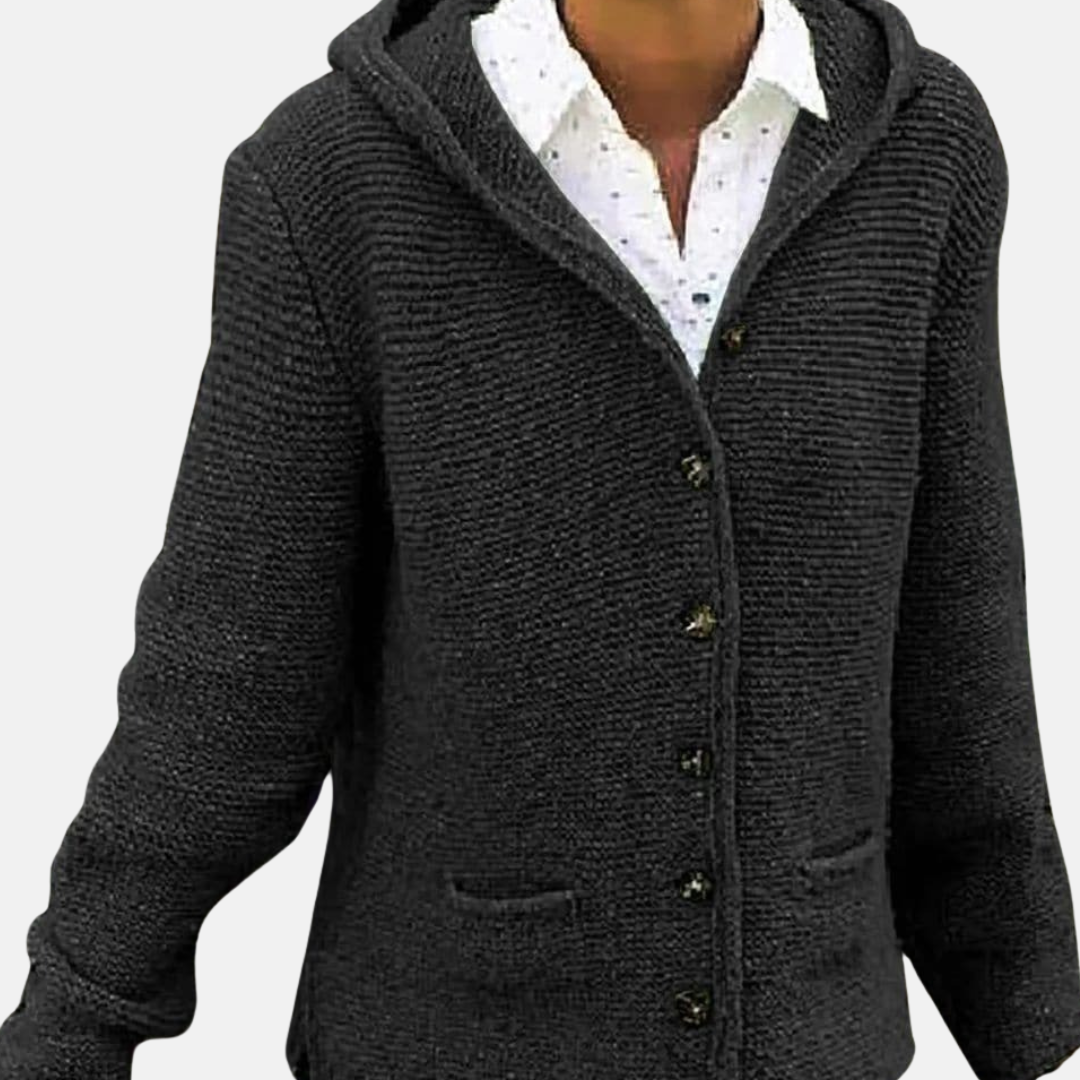 Isla Wool Hooded Cardigan | Button Front Ribbed Knit Cardigan