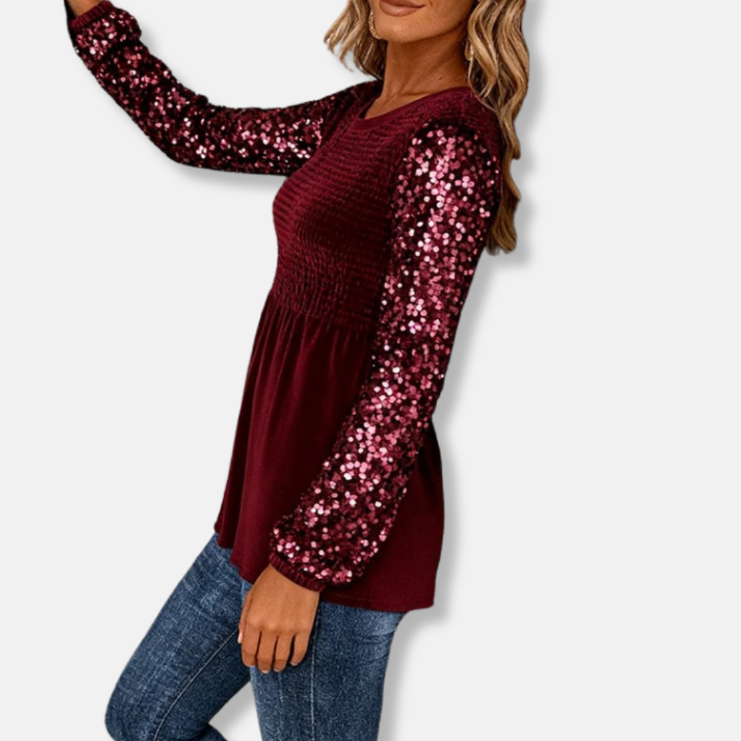 Amelia Peplum Top | Smocked Bodice Sequin Sleeves Peplum Top