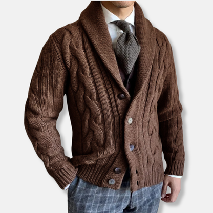 Men's Cardigan – Cable Knit – Regular Fit – Wool – Shawl Collar – Button Closure