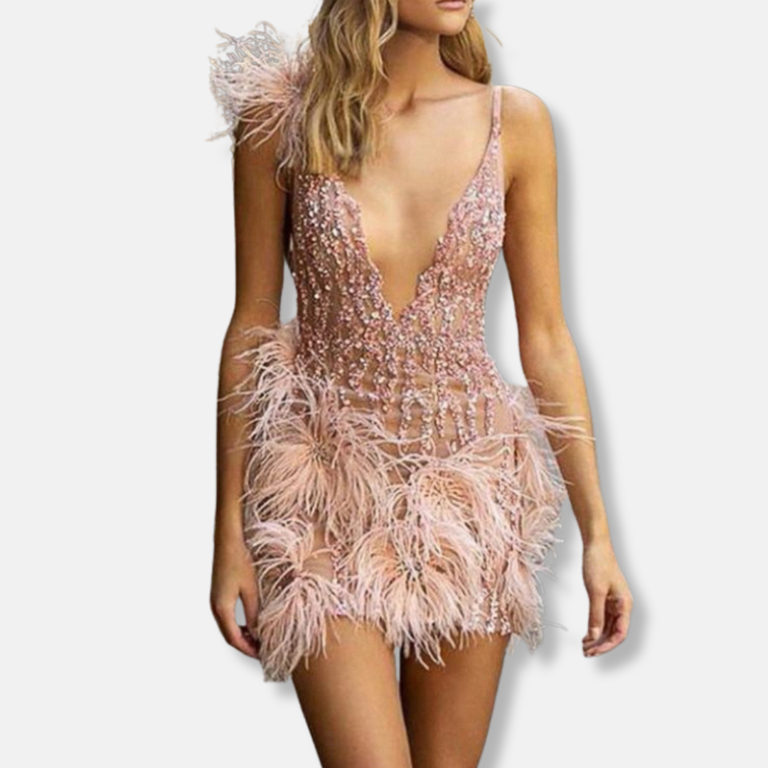 Women's Cocktail Dress – Slim Fit Mini – V-Neck – Sequin and Feather Details