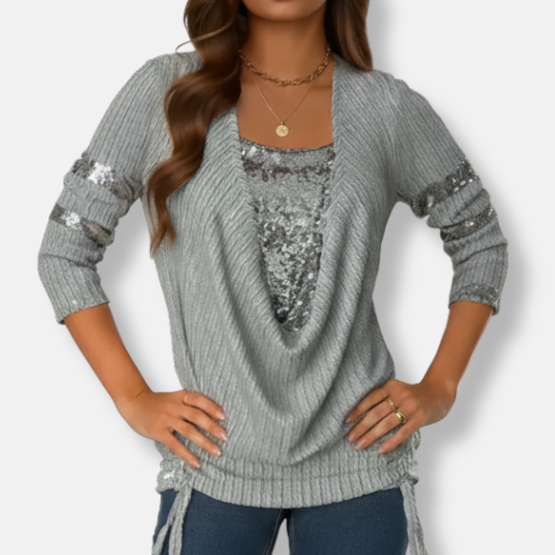 Isla Sequin Embellished Cowl Neck Blouse | Relaxed Fit Hip-Length Blouse