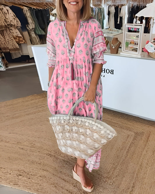 Maxi Dress for Women – V-Neck – Bohemian Floral – Airy Fit – Three-Quarter Sleeves