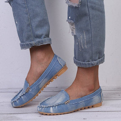 Dame Loafers - Denim Stoff - Slip-on - Flade Komfortable Sko med Metallisk Detalje