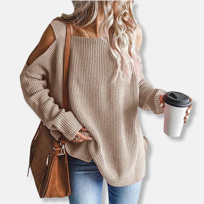 Women's sweater - Open shoulder knit - Loose fit - Ribbed texture