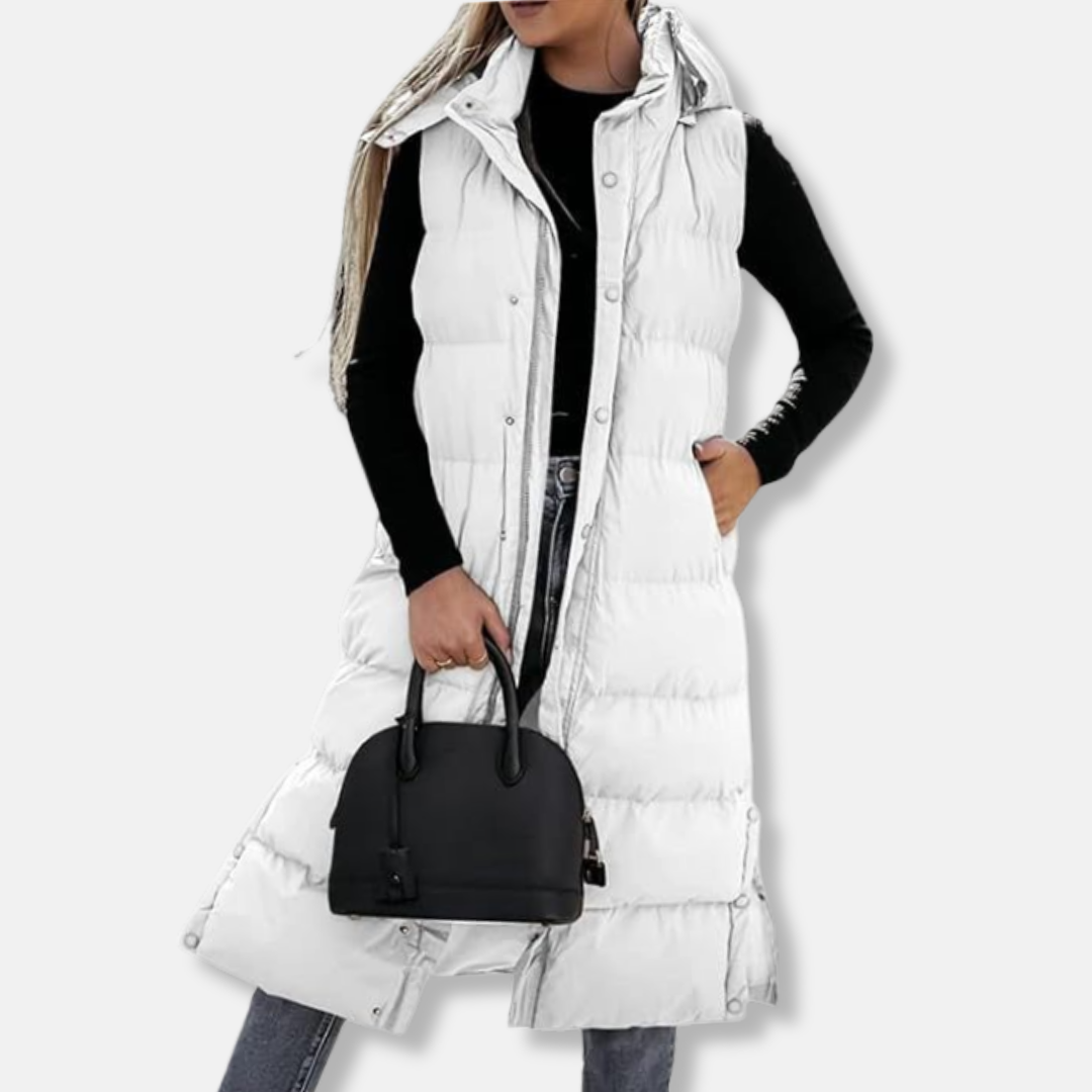 Veronica Long Puffer Vest | Quilted Hooded Sleeveless Vest
