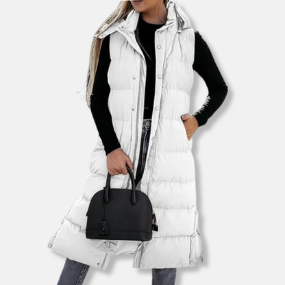 Veronica Long Puffer Vest | Quilted Hooded Sleeveless Vest