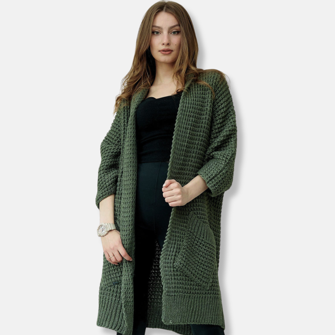 Women's Coat in Knit – Oversized Fit – Open Front – Patch Pockets – Ribbed Edges