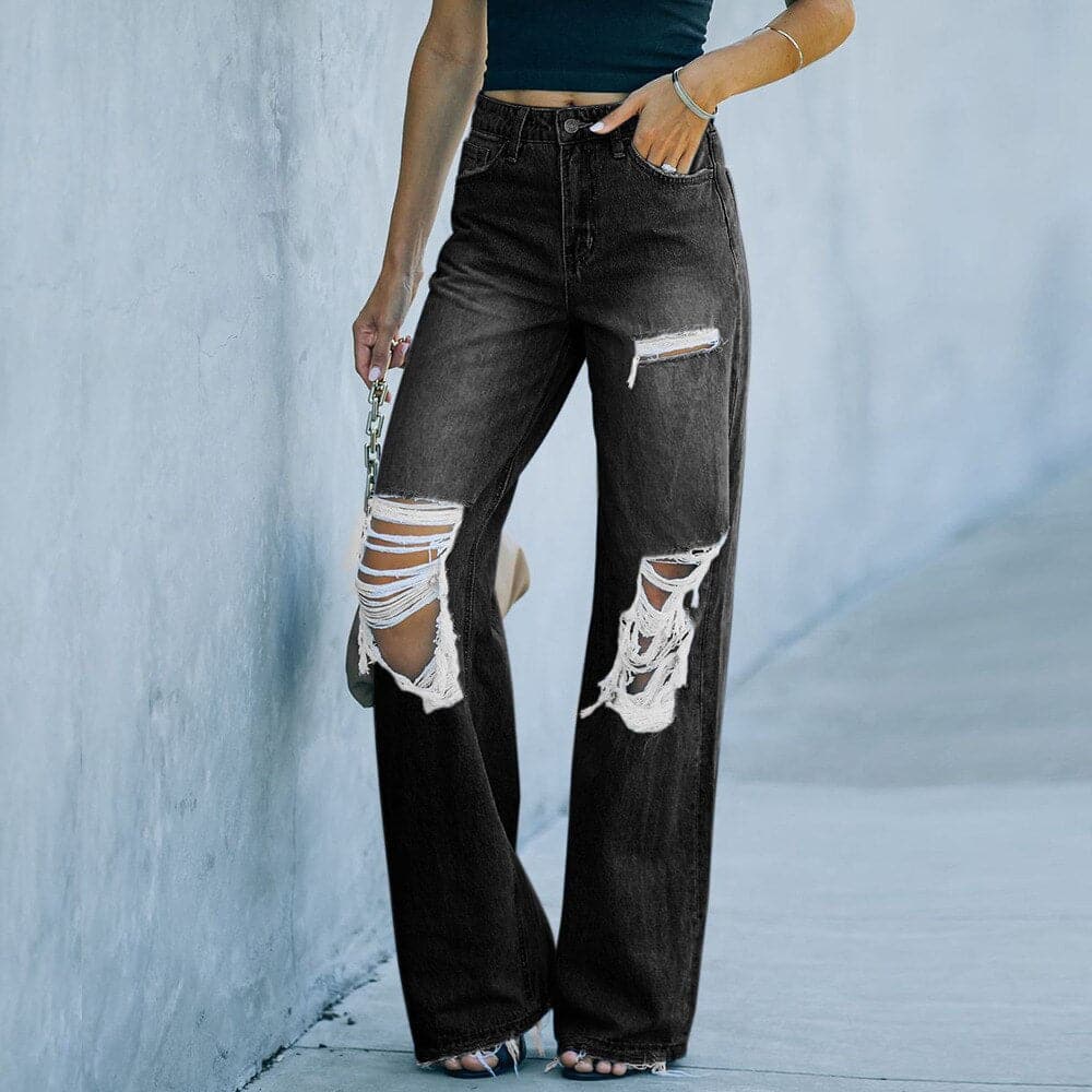 Dame Jeans - Højtaljet Wide Leg - Ripped & Slidte - Casual Komfort