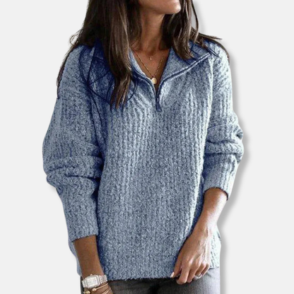 Women's Sweater with Half-Zip – Relaxed Fit – Chunky Knit – Soft Wool Texture