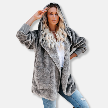 Women's Cardigan with Hood – Soft Sherpa Fleece – Oversized Fit – Open Design with Pockets