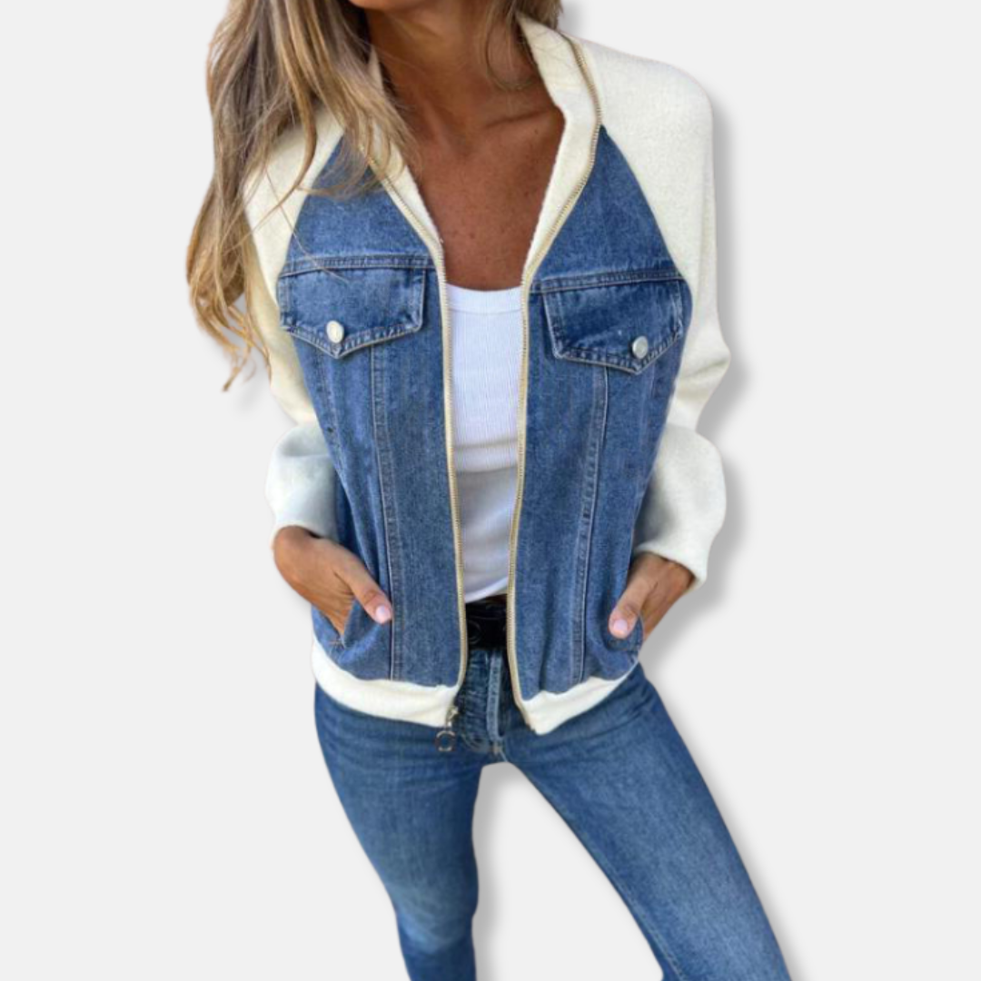 Women's Bomber Jacket – Relaxed Fit – Wool Look – Denim Details – Zipper Closure