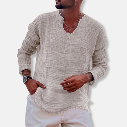 Men's Long-Sleeve Shirt - Relaxed Fit - Soft and Breathable - Raw Round Neck