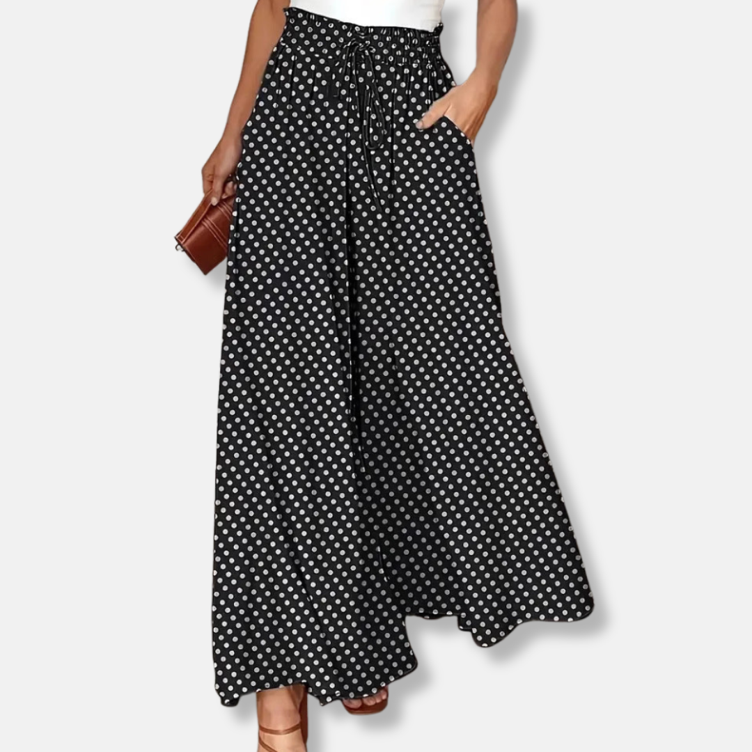 Women's Trousers with Wide Legs – Breathable Fit – Polka Dot Pattern – Drawstring Waist – Casual Style