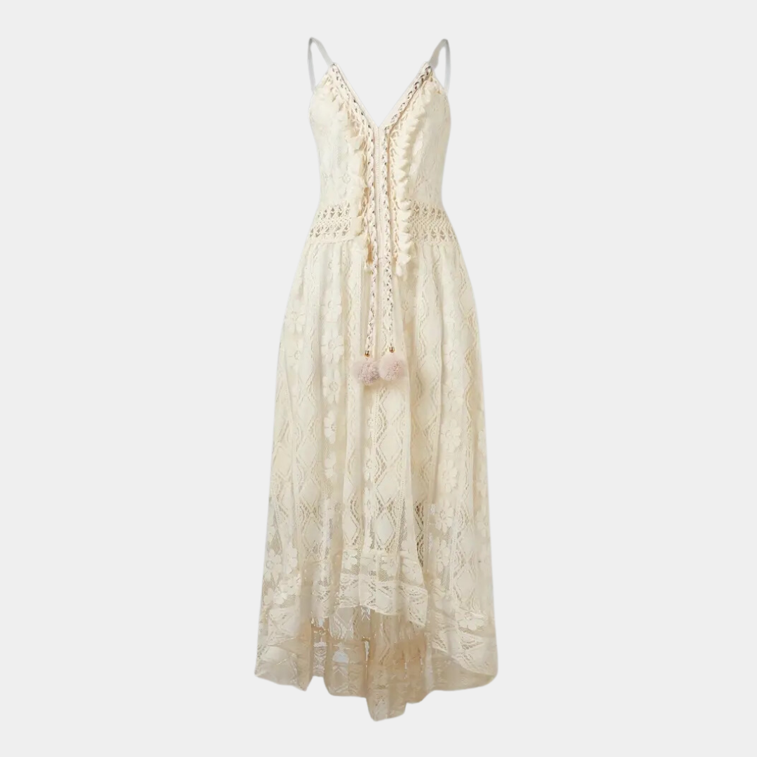 Women's Midi Dress – Relaxed Fit – Lace Details – Spaghetti Straps – Boho Look