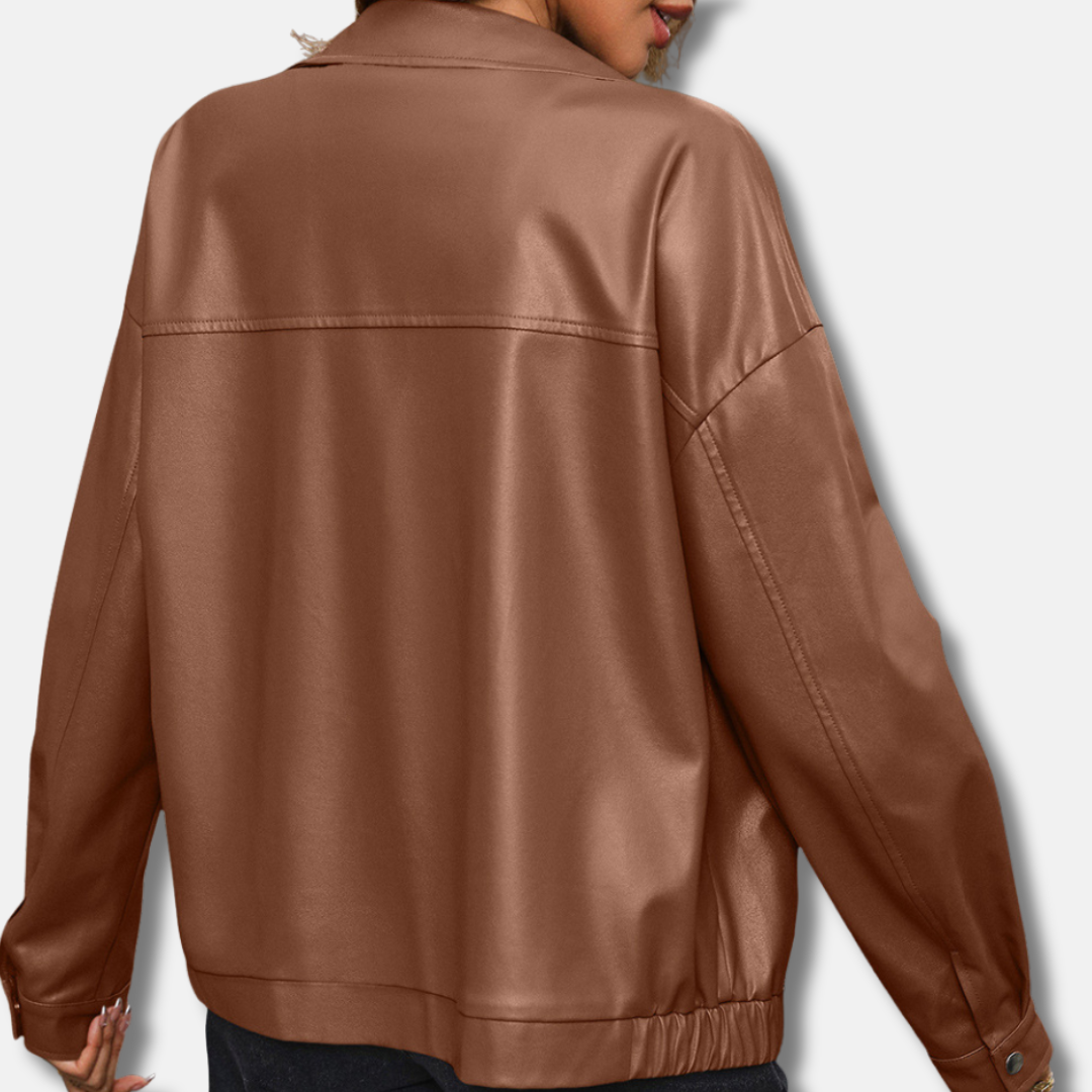 Women's Biker Jacket – Relaxed Fit – Short – Shiny Finish – Zipper and Snap Buttons