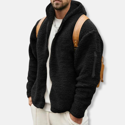 Men's Zip-Up Hoodie – Sherpa Fleece – Relaxed Fit – Hood – Ribbed Edges