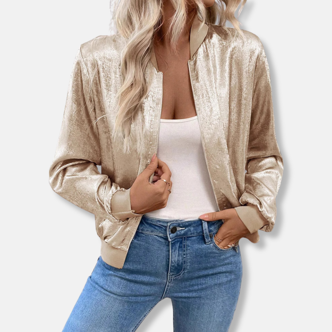 Women's Bomber Jacket – Shiny Satin Look – Relaxed Fit – Ribbed Edges – Zipper