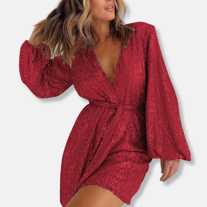 Amelia Sequined Wrap Mini Dress | Self-Tie Waist Mini Dress