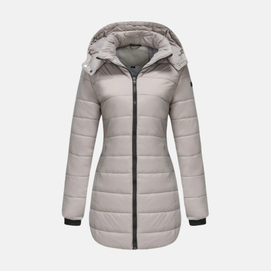 Women’s Longline Padded Coat - Insulated Quilted Design - Two-Way Zipper - Hooded
