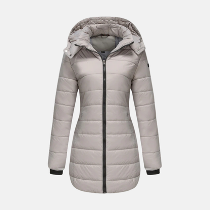 Women’s Longline Padded Coat - Insulated Quilted Design - Two-Way Zipper - Hooded