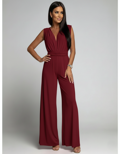 Women's Jumpsuit – Wide Legs – V-neck Wrap – Sleeveless – Fitted Waist – Breathable Blend