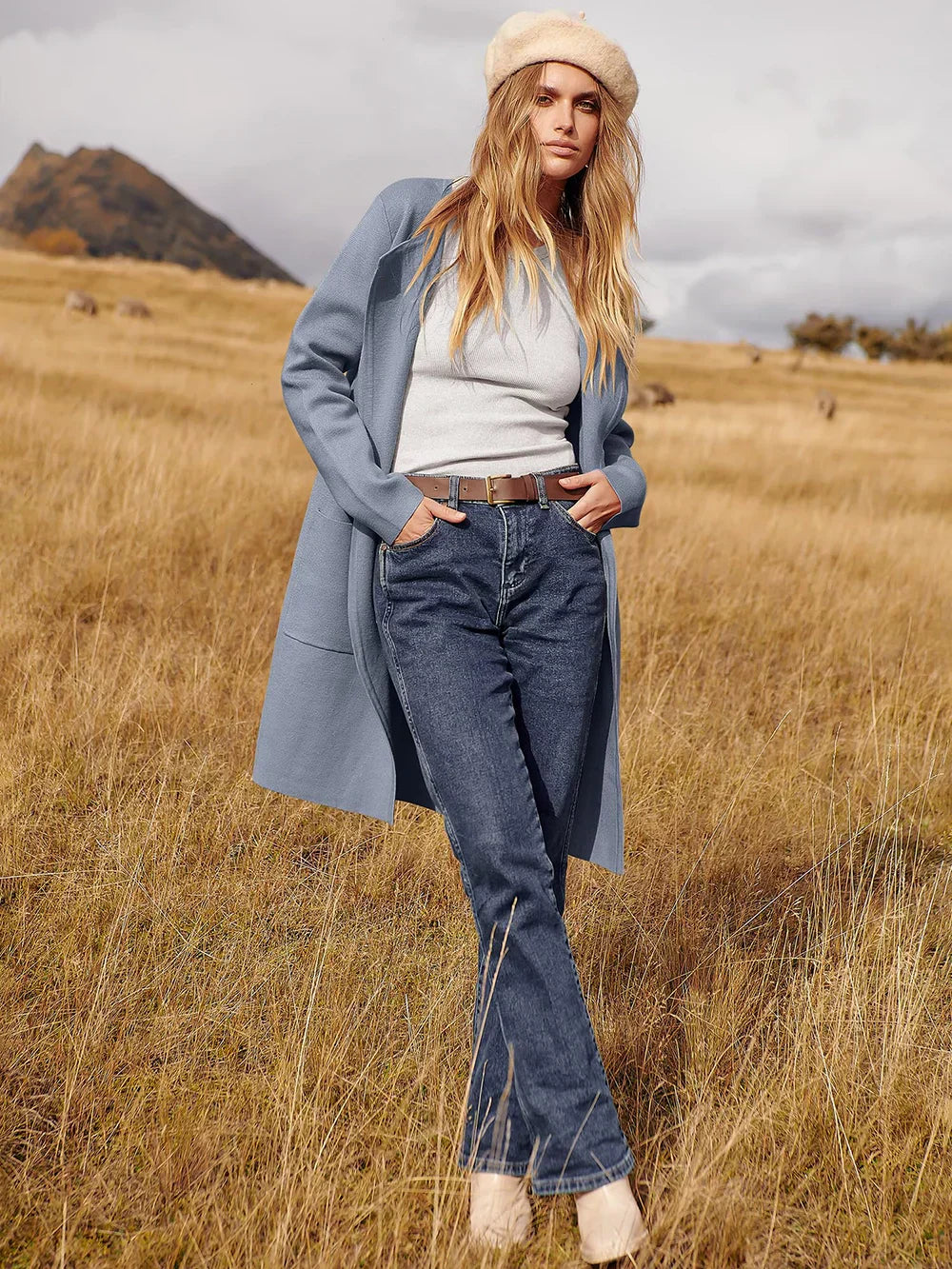 Women's Coat – Relaxed Fit – Knee Length – Wide Lapels – Minimalist Design