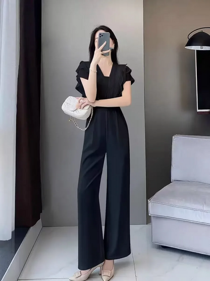 Women's Jumpsuit - V-Neck Pleated Top - Ruched Sleeves - Wide Leg Pants