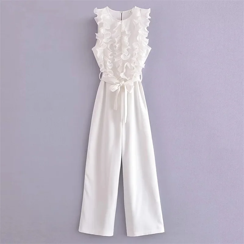 Women's Jumpsuit - Sleeveless Top with Voluminous Ruffles - High-Waisted Wide Pants