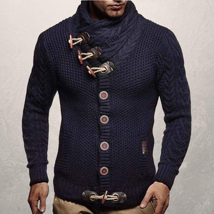 Herre Striktrøje - Høj Krave med Knapper - Kabelstrik - Slim Fit med Frontlommer