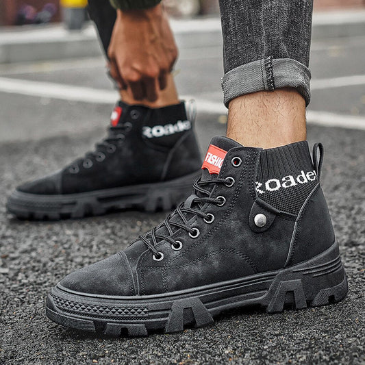 Men's High Sneakers - Durable Sole - Lace-Up Closure - Ribbed Ankle Cuff - Casual Look
