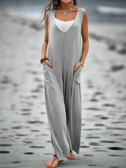 Women's Jumpsuit - Sleeveless - V-neck - Loose Fit - Wide Legs - Casual Comfort