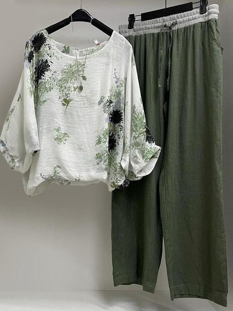 Women's Two-Piece Set – Casual Round Neck Top – Wide Pants in Breathable Material