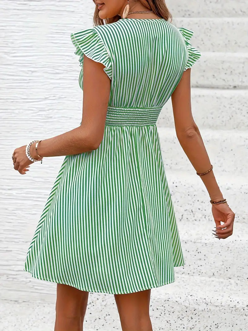 Women's Summer Dress - V-Neck - Ruffle Sleeves - Fitted Waist - Light and Breathable