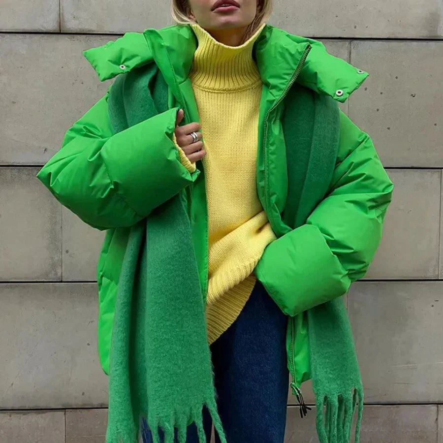 Women's Puffer Jacket – Oversized Fit – Padded Hood – Quilted Mid-Length Design